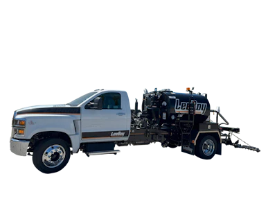 White Leebay commercial truck with attached industrial equipment on white background