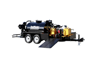 SealMaster trailer with black tank and yellow equipment on two-wheel trailer