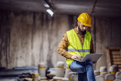Construction worker in yellow hard hat and safety vest working on laptop at industrial site