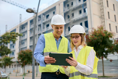 Construction workers in safety vests and hard hats reviewing tablet near apartment buildings