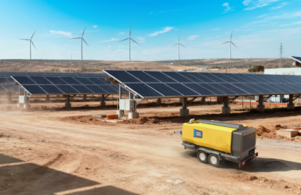 Renewable energy facility with solar panels, wind turbines, and yellow portable generator equipment on sandy terrain