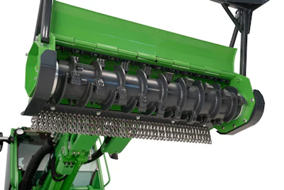 Green industrial machine attachment with mechanical roller and metal components