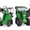 Two green agricultural loaders with attachments in different configurations
