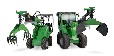 Two green agricultural loaders with attachments in different configurations