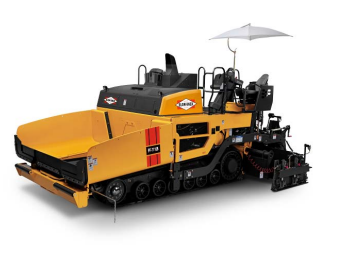 Yellow industrial road paving machine with extended conveyor and umbrella canopy