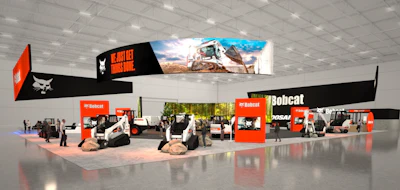 Bobcat construction equipment display with white and orange booth featuring heavy machinery