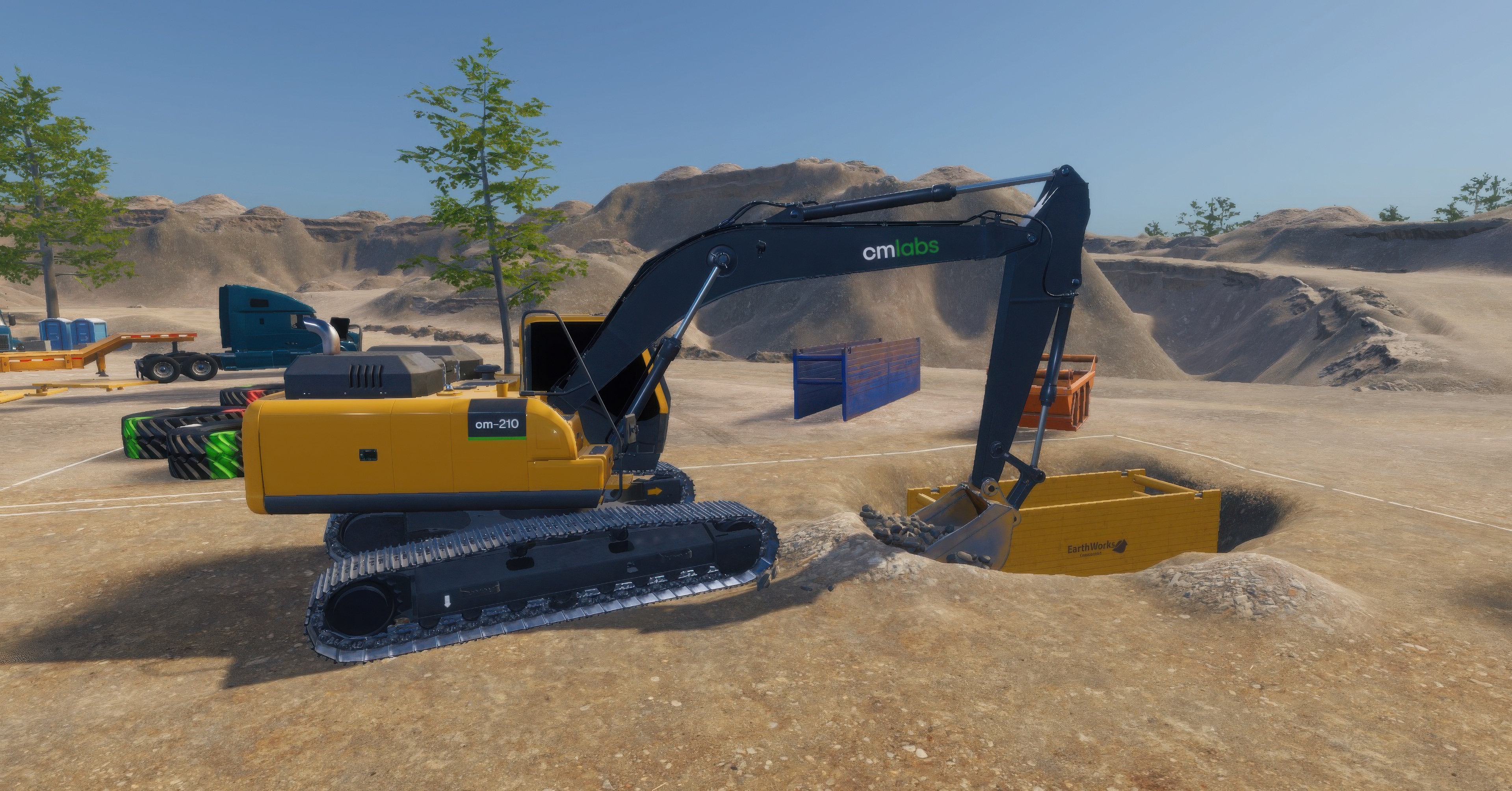 Yellow and black excavator operating in a quarry with construction equipment and sand stockpiles
