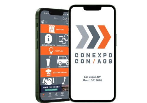 Smartphone displaying CONEXPO CON/AGG event app with orange chevron logo and Las Vegas event details for March 3-7, 2026