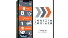 Smartphone displaying CONEXPO CON/AGG event app with orange chevron logo and Las Vegas event details for March 3-7, 2026