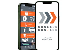 Smartphone displaying CONEXPO CON/AGG event app with orange chevron logo and Las Vegas event details for March 3-7, 2026