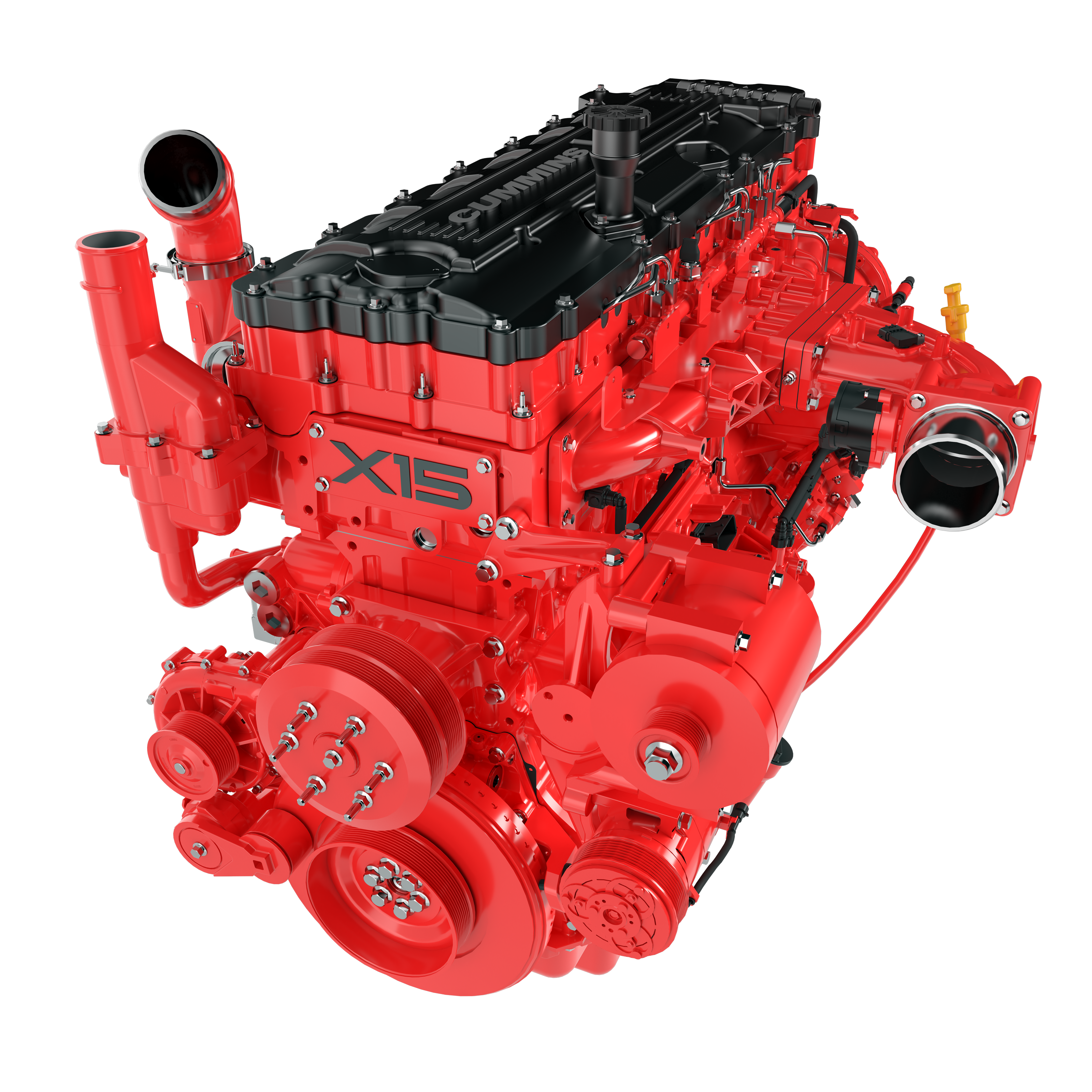 Bright red Cummins X15 diesel engine with black valve cover