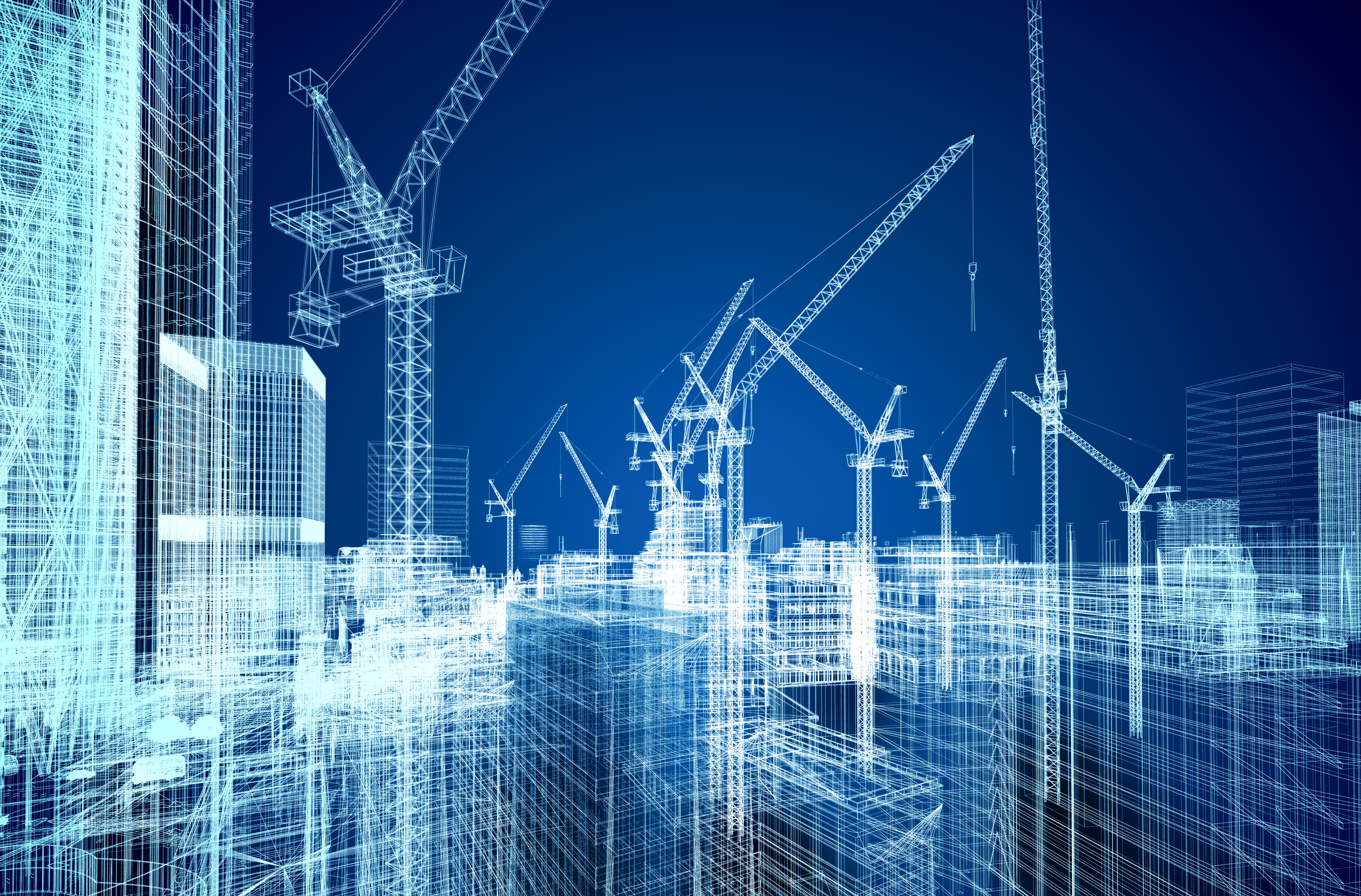 Digital wireframe of urban construction site with multiple cranes and skyscrapers