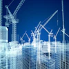 Digital wireframe of urban construction site with multiple cranes and skyscrapers