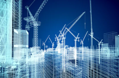 Digital wireframe of urban construction site with multiple cranes and skyscrapers