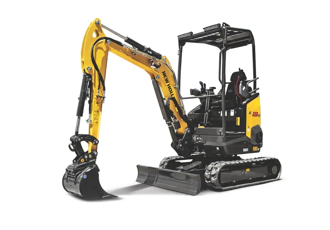 Yellow and black compact excavator with articulated arm and tracked base on white background