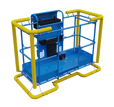 Blue and yellow mobile elevated work platform with safety railings and control panel
