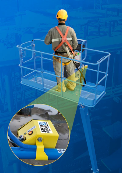 Construction worker in safety gear standing on blue aerial lift platform with yellow control box detail inset