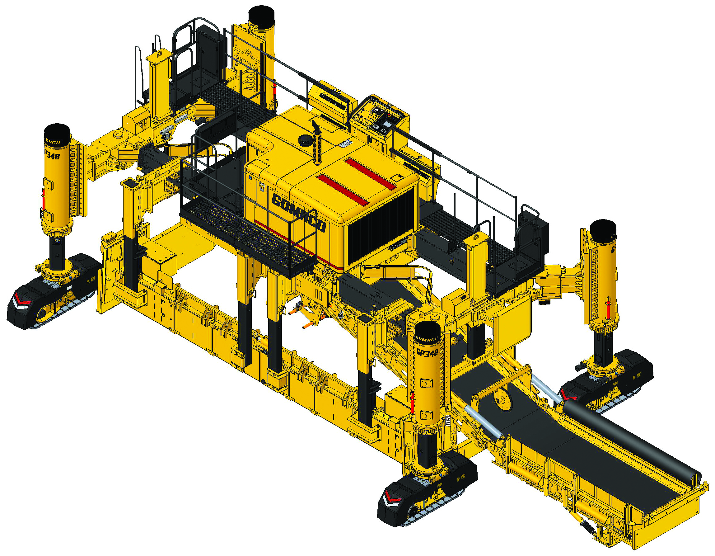 Yellow industrial robotic machinery with multiple hydraulic pistons and conveyor system