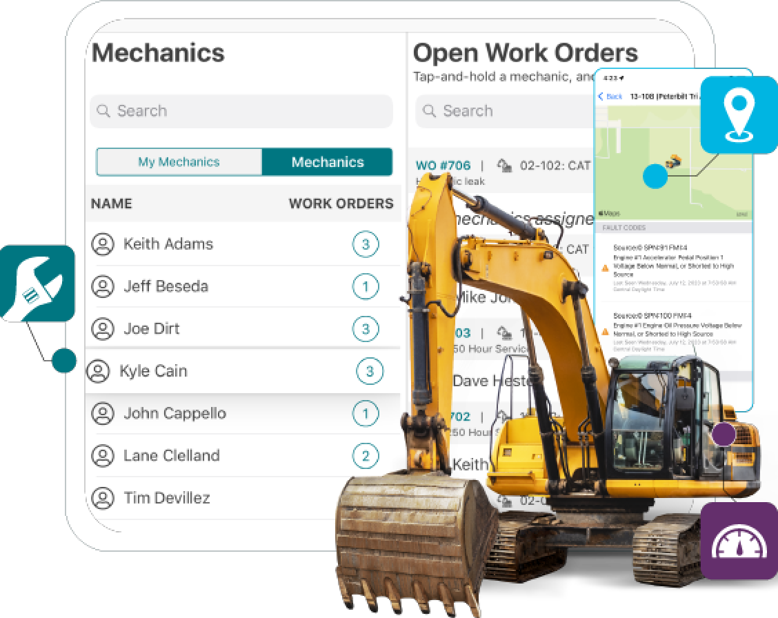 Construction management software interface with mechanic list and yellow excavator