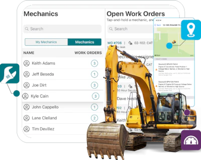Construction management software interface with mechanic list and yellow excavator