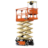 Orange JLG scissor lift platform extended vertically with raised safety railings