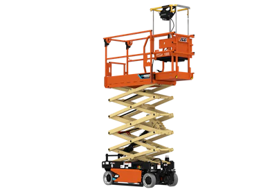 Orange JLG scissor lift platform extended vertically with raised safety railings