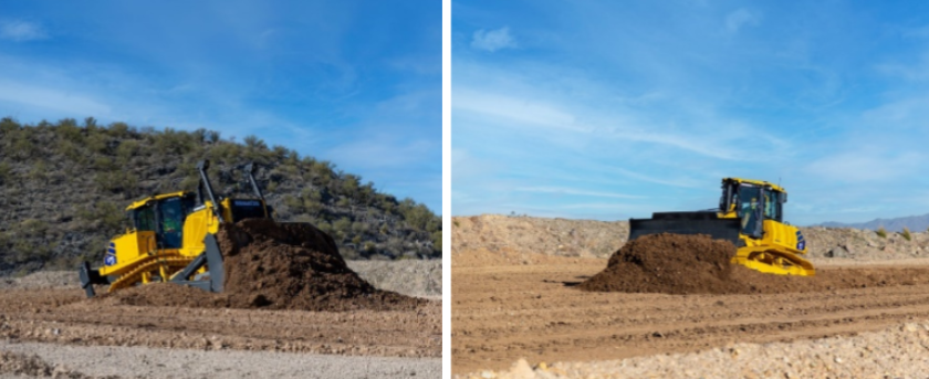 Yellow bulldozers performing earthmoving operations on construction sites with clear blue skies