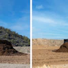 Yellow bulldozers performing earthmoving operations on construction sites with clear blue skies