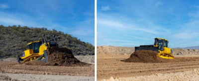 Yellow bulldozers performing earthmoving operations on construction sites with clear blue skies