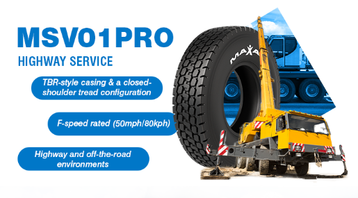 MSV01PRO highway service tire displayed on yellow truck with product specifications and features highlighted