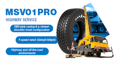 MSV01PRO highway service tire displayed on yellow truck with product specifications and features highlighted