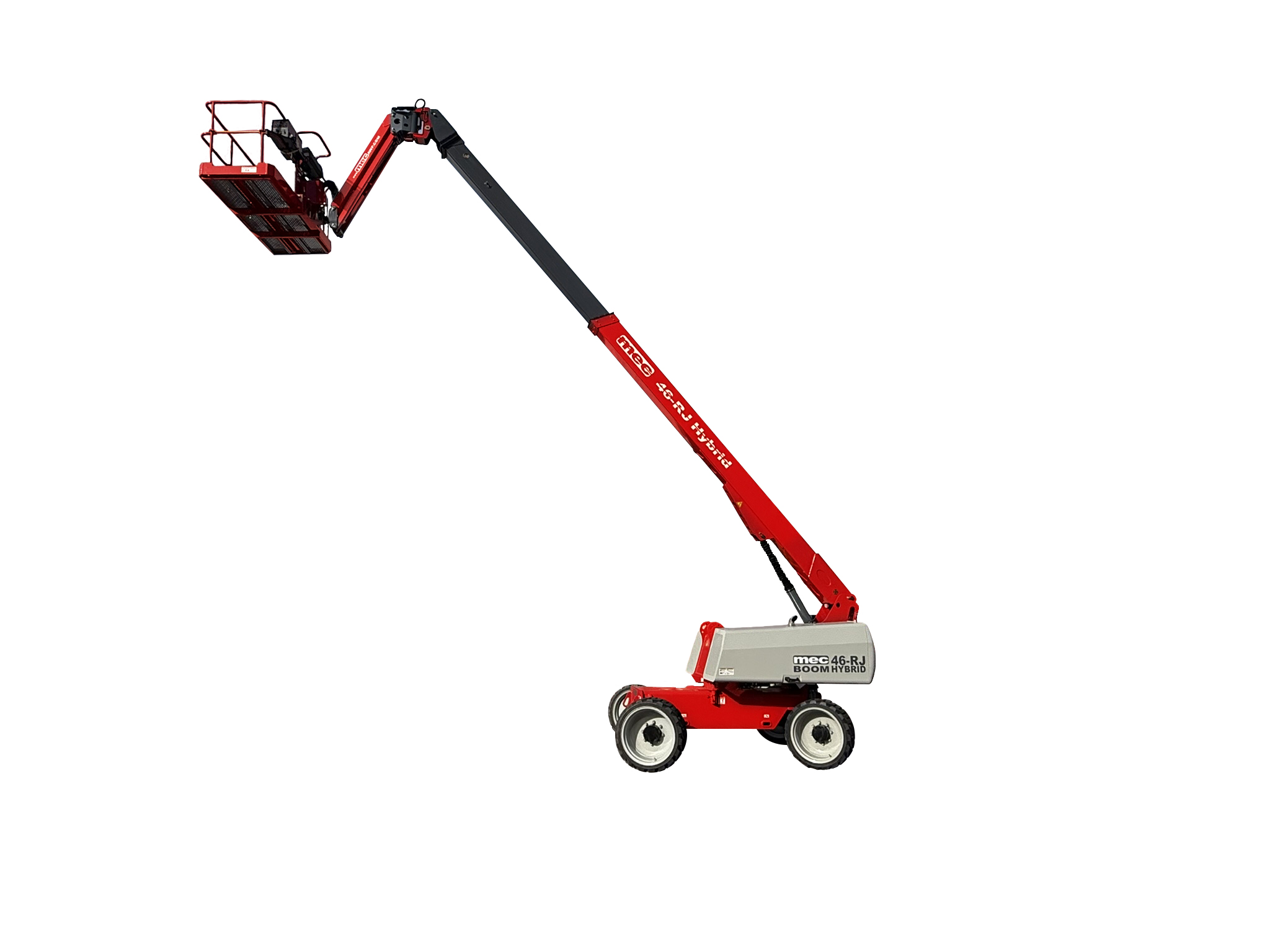 Red and black articulating boom lift with metal basket platform for elevated work access