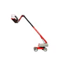 Red and black articulating boom lift with metal basket platform for elevated work access