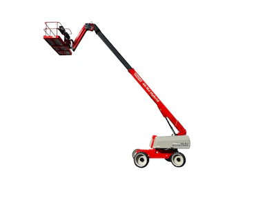 Red and black articulating boom lift with metal basket platform for elevated work access