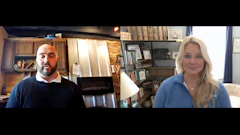 Split-screen video call with a man in a dark sweater and a woman in blue