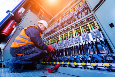 Technician in safety vest inspecting electrical control panel with complex wiring