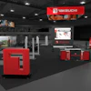 Takeuchi industrial equipment trade show booth with red and black display panels