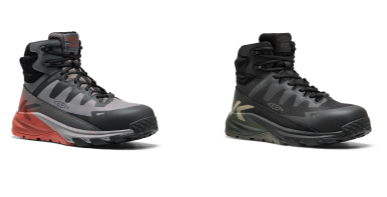 Two rugged black and red work boots side by side on white background
