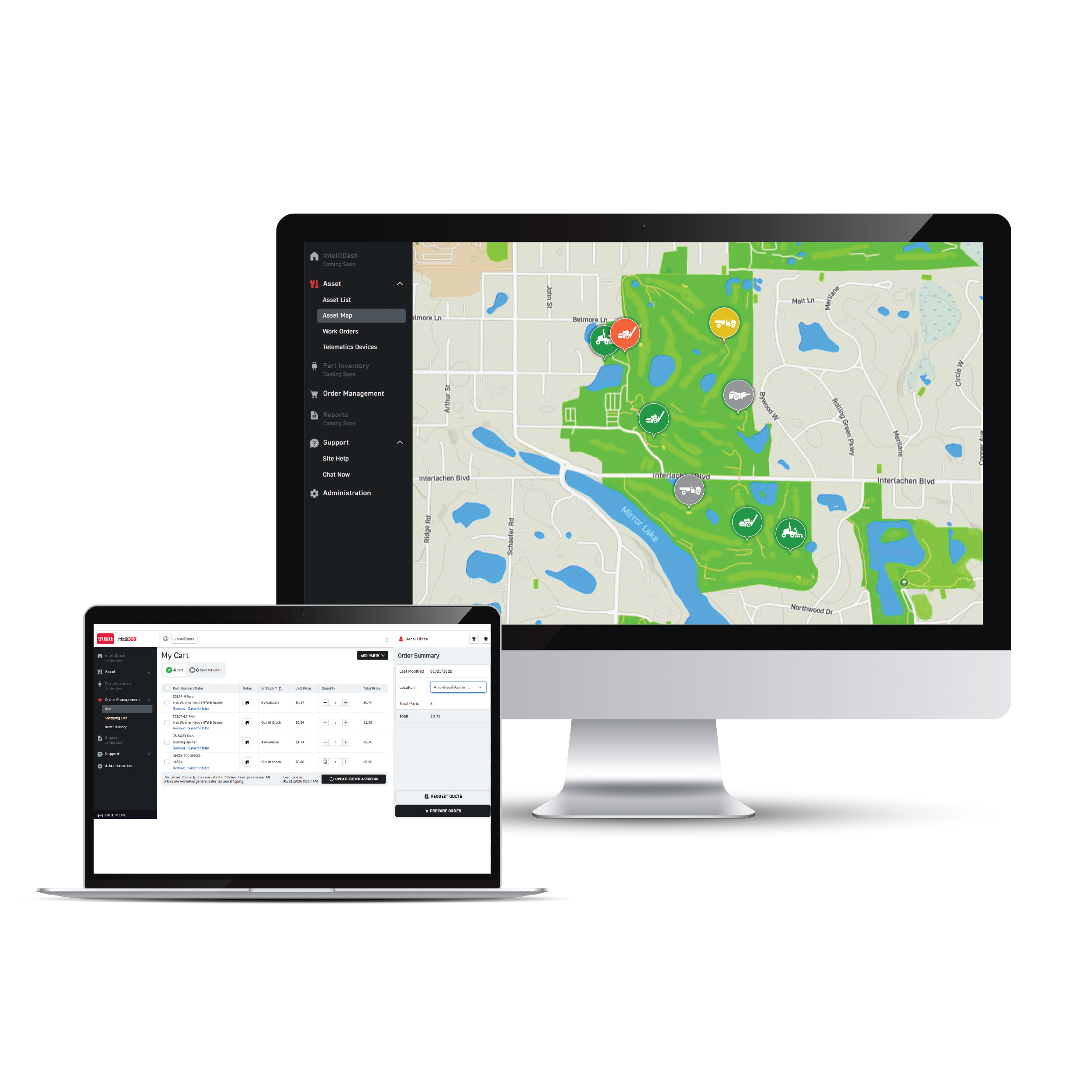 Multi-device software dashboard showing interactive map with location markers and fleet management interface