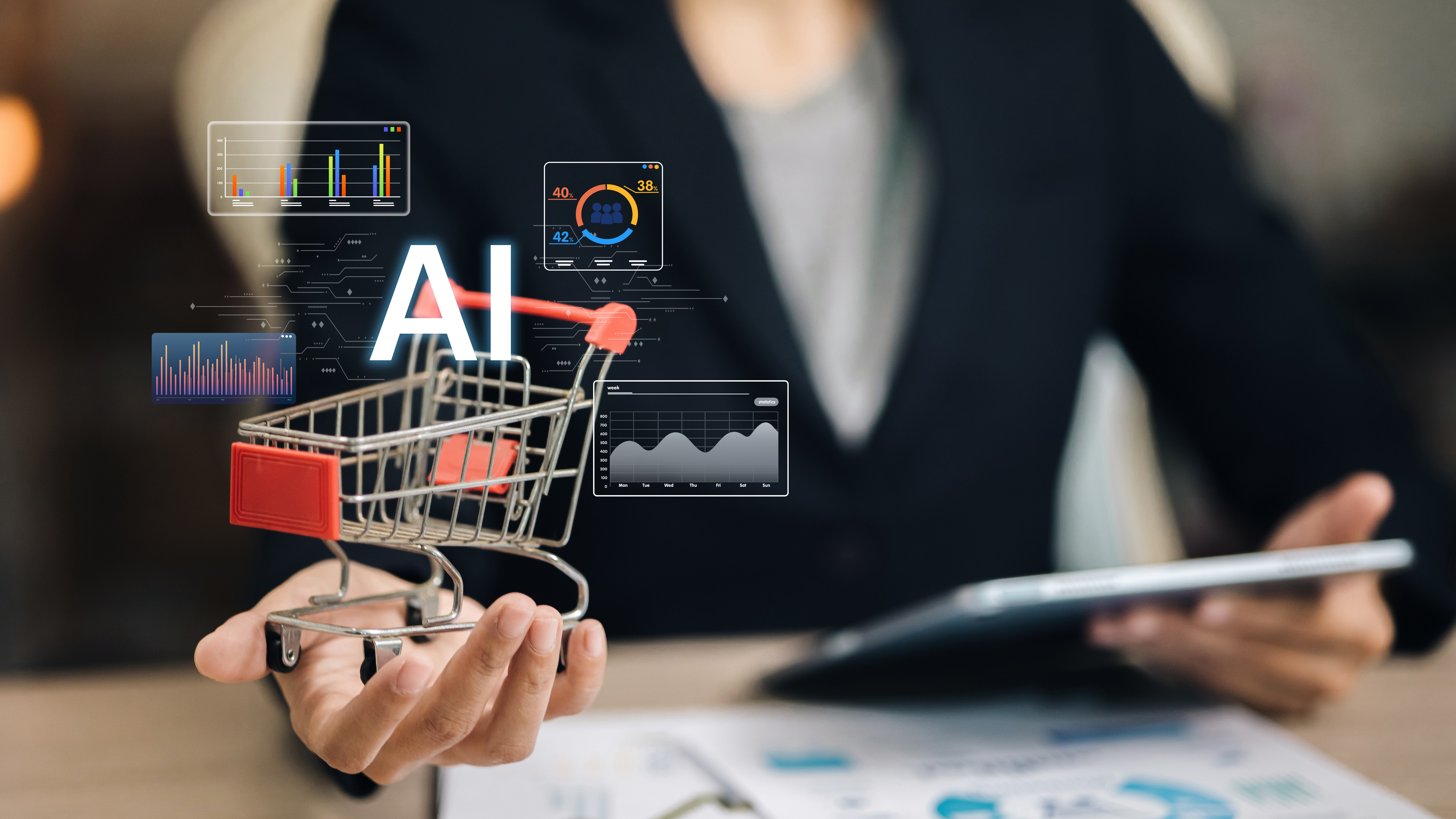 AI-powered analytics concept with shopping cart, data charts, and business professional