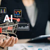 AI-powered analytics concept with shopping cart, data charts, and business professional