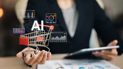 AI-powered analytics concept with shopping cart, data charts, and business professional