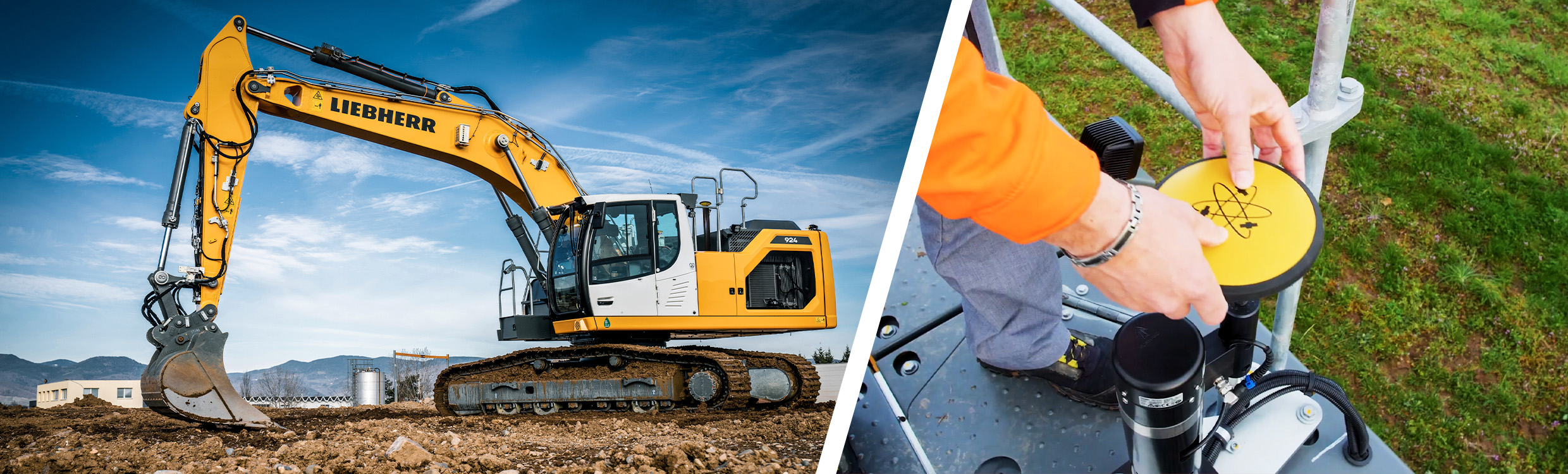 Liebherr excavator on construction site and worker using power drill with yellow safety equipment