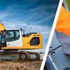 Liebherr excavator on construction site and worker using power drill with yellow safety equipment