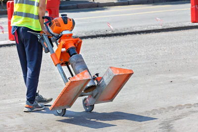 Construction worker in high-visibility vest operating orange pneumatic concrete breaker on asphalt road
