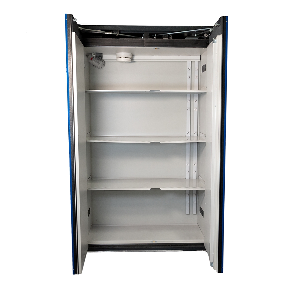 Open metal storage cabinet with four adjustable white shelves and blue frame