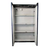 Open metal storage cabinet with four adjustable white shelves and blue frame
