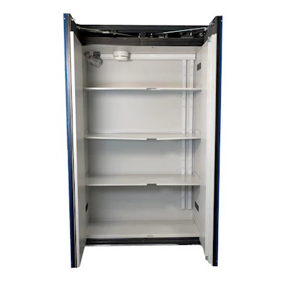 Open metal storage cabinet with four adjustable white shelves and blue frame