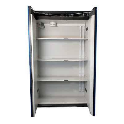 Open metal storage cabinet with four adjustable white shelves and blue frame