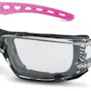 Pink and black safety goggles with clear lenses and ventilated design